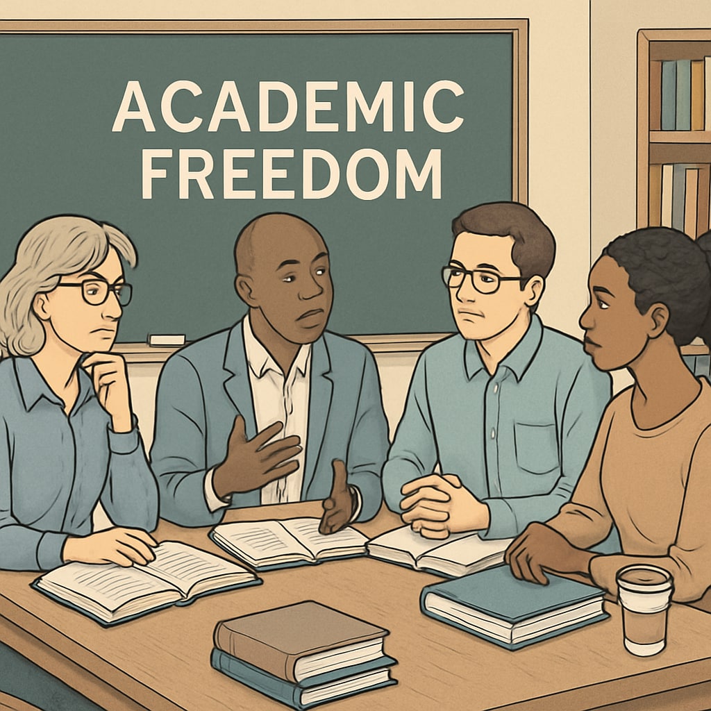 A classroom filled with teachers discussing diverse topics, symbolizing academic freedom. Teachers discussing diverse topics in a classroom to illustrate academic freedom.