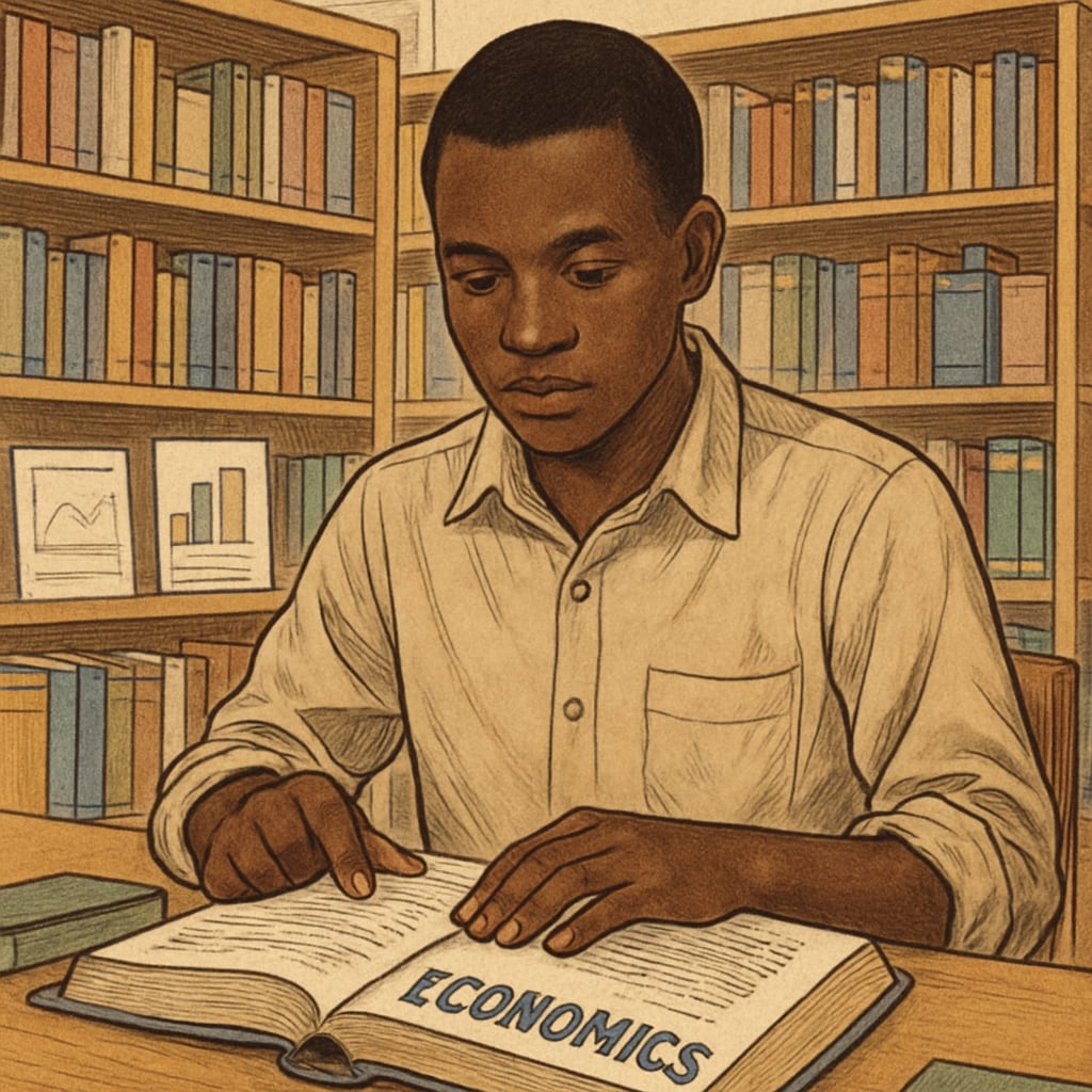 A young finance student in Mali studying economics textbooks in a library setting. Finance student in Mali exploring economic principles amidst limited resources.