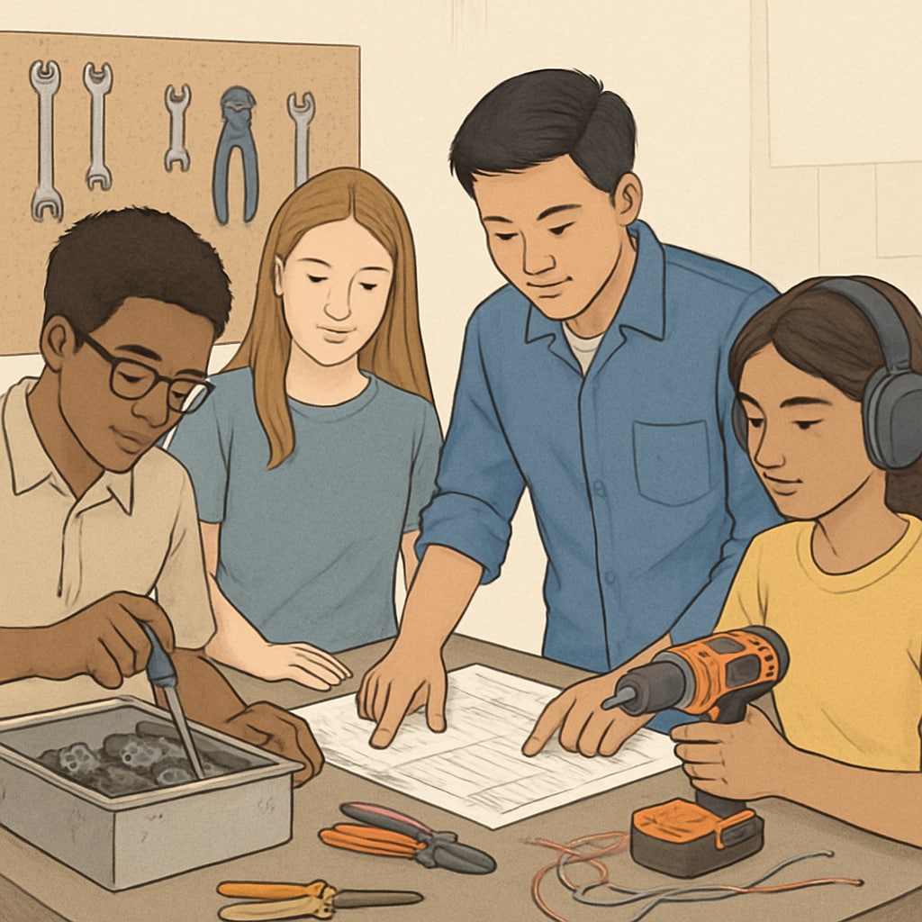 A diverse group of students collaborating in a technical workshop, representing alternative education pathways. Students exploring practical career paths beyond a modified high school diploma.