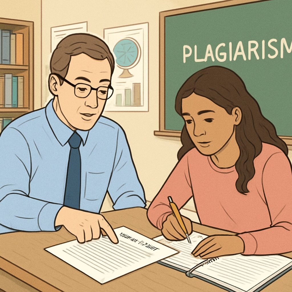 A teacher and student reviewing a research paper together at a desk.