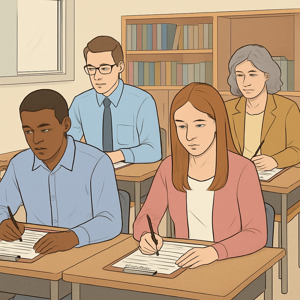 Teacher applicants filling out forms during a hiring process, representing challenges in recruitment. Teacher applicants filling out forms to represent political ideology testing in hiring processes.