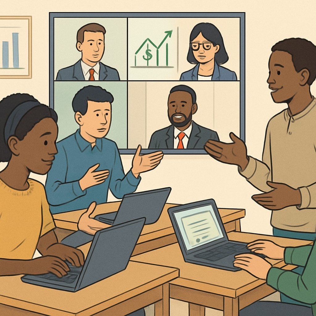 A diverse group of students attending a virtual finance seminar, engaging with international mentors. Students learning finance concepts through virtual seminars and global networking.