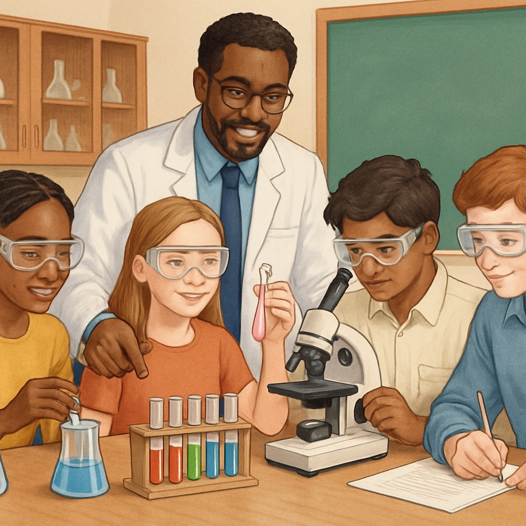 High school science teacher helping English Language Learners during a collaborative lab experiment.