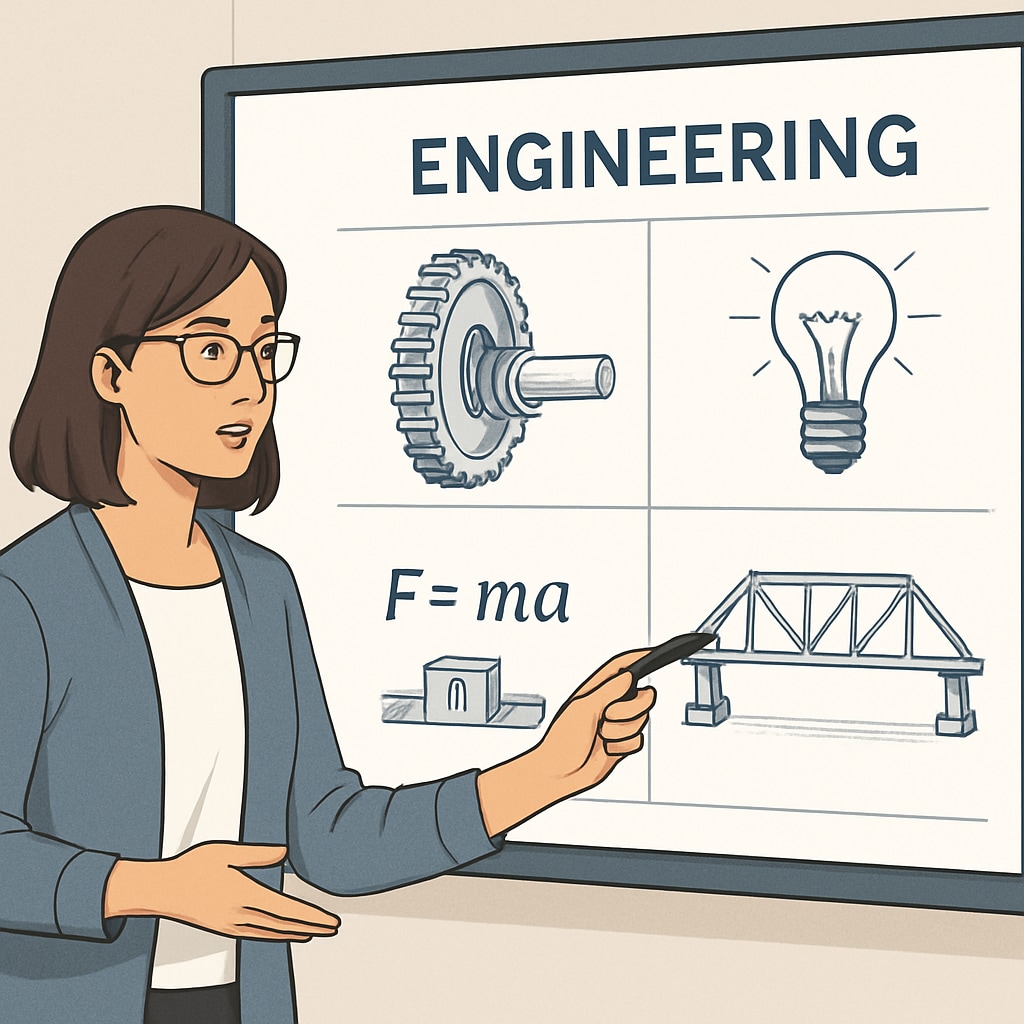 Teacher explaining engineering concepts with digital visualizations in a STEAM context.
