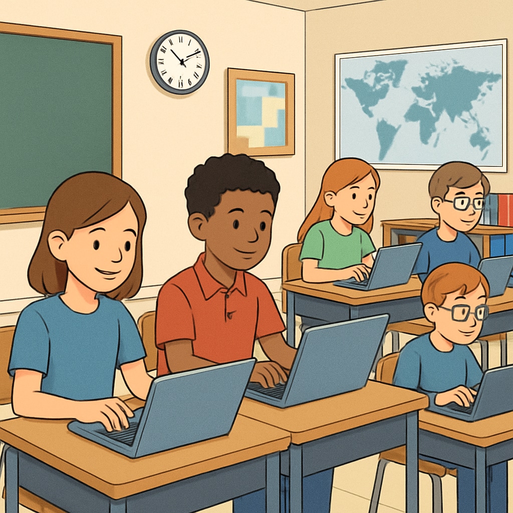A classroom of K12 students using laptops for online learning, impacted by age verification laws.