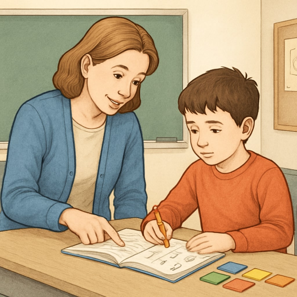 Teacher helping autistic child in classroom activity related to special education and autism spectrum support.