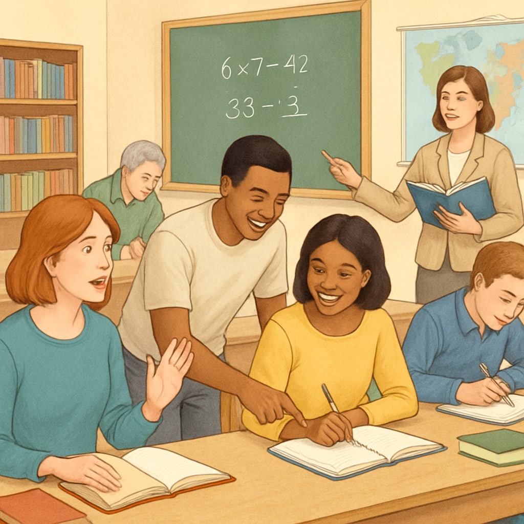 A classroom with older students engaged in learning activities. Adults and young students participating in education recovery programs.