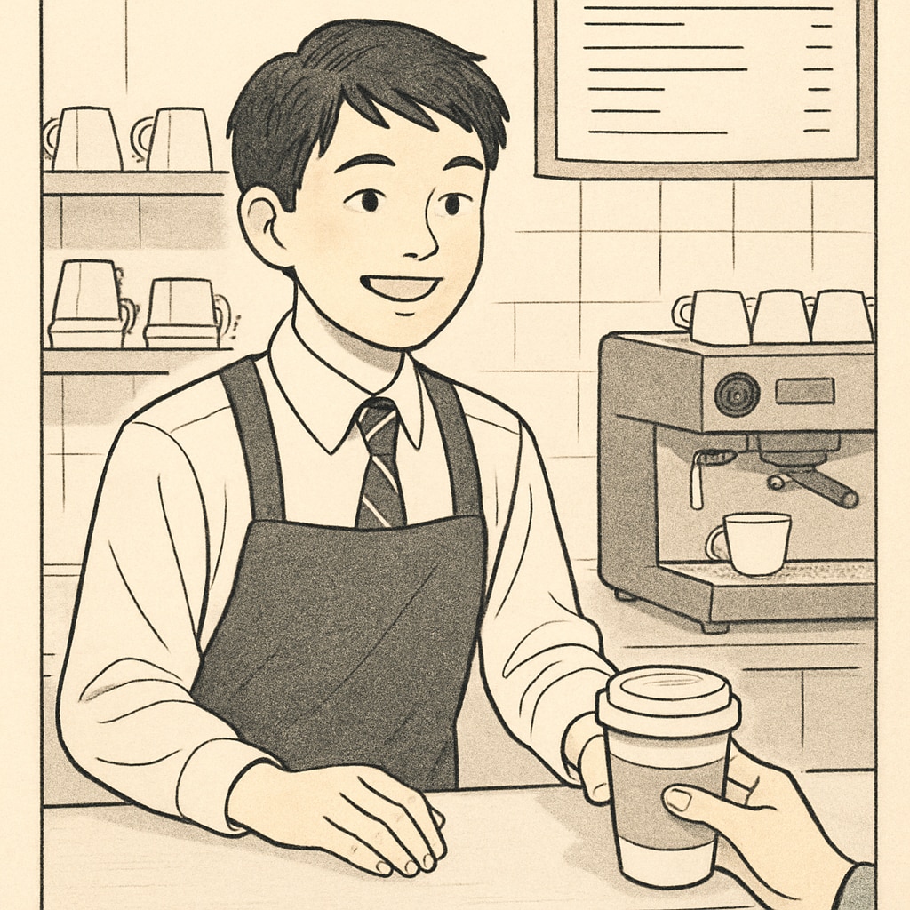 A high school student working at a coffee shop, smiling while assisting customers. The image highlights the benefits of part-time jobs for teenagers. High school student working at a coffee shop, demonstrating responsibility and customer service.