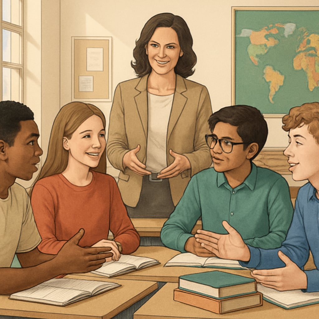 A classroom with students engaging in a discussion on diverse topics, showcasing the importance of ideological diversity. Students in a classroom discussing diverse perspectives and critical thinking.
