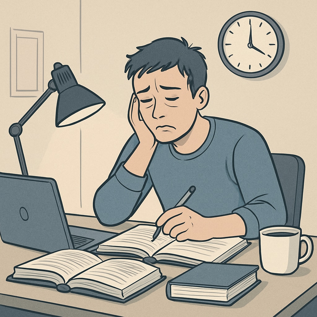 A tired student surrounded by books and a laptop, struggling to complete homework after work. The image emphasizes the challenges of balancing work and studies. High school student struggling to manage homework and work responsibilities.