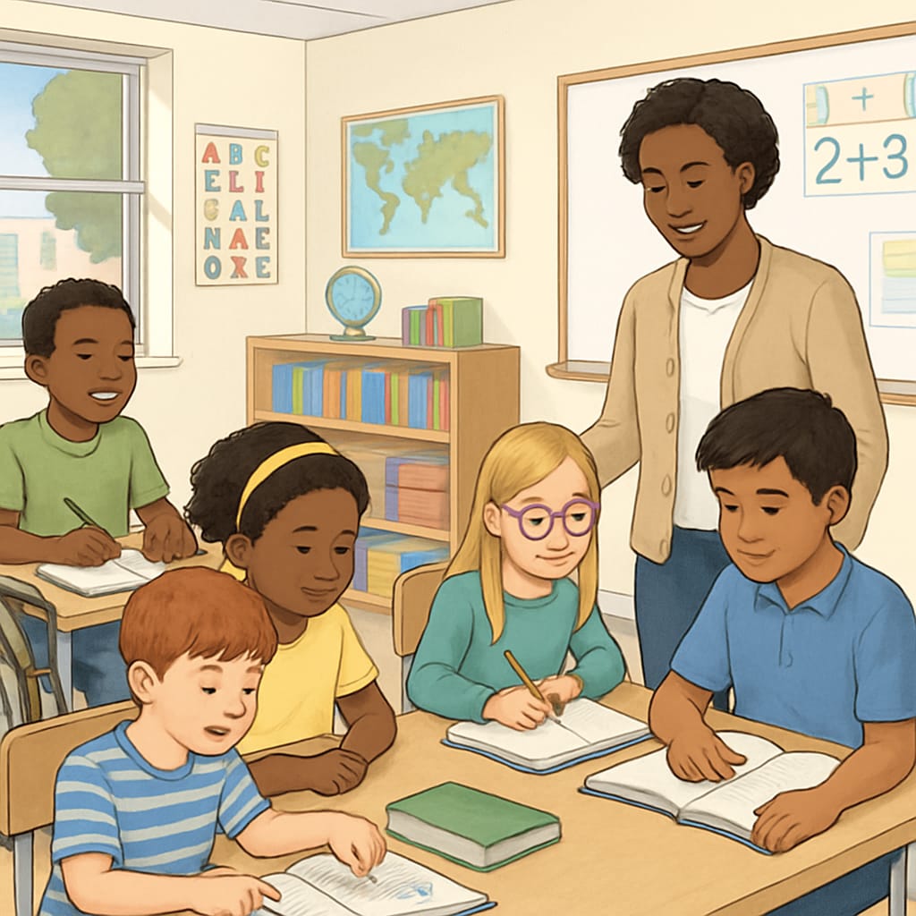 A diverse group of students in a classroom, highlighting the importance of inclusive education. Students from diverse backgrounds in an inclusive classroom.