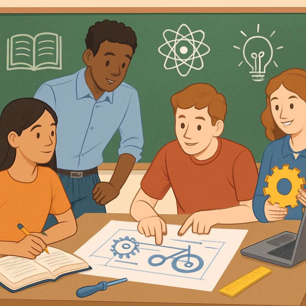 A group of students collaborating on an interdisciplinary project, combining education and engineering concepts. Students discussing an interdisciplinary project that combines education and engineering.