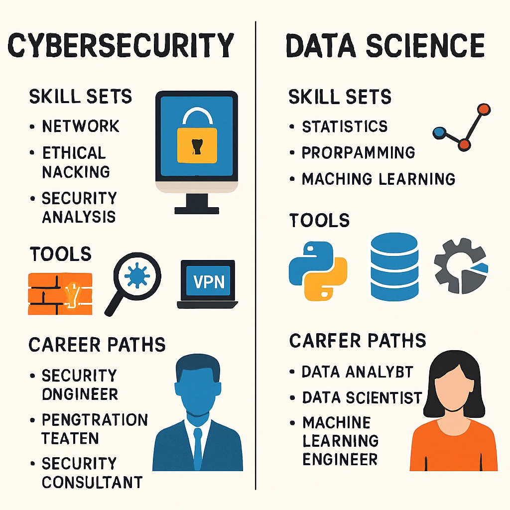 Cybersecurity and data science skill set comparison graphic.