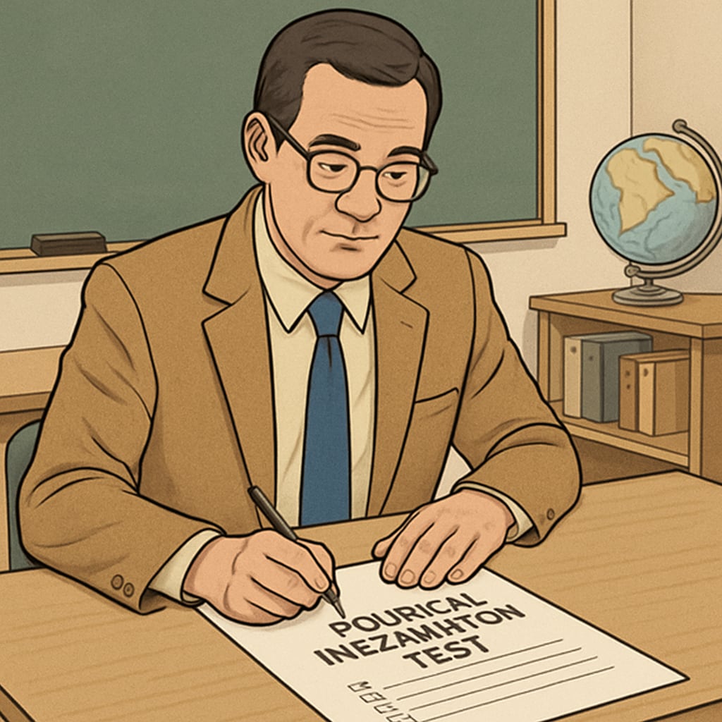 A teacher sitting at a desk, filling out an application form, with a visible headline Teacher completing a political inclination test as part of the hiring process