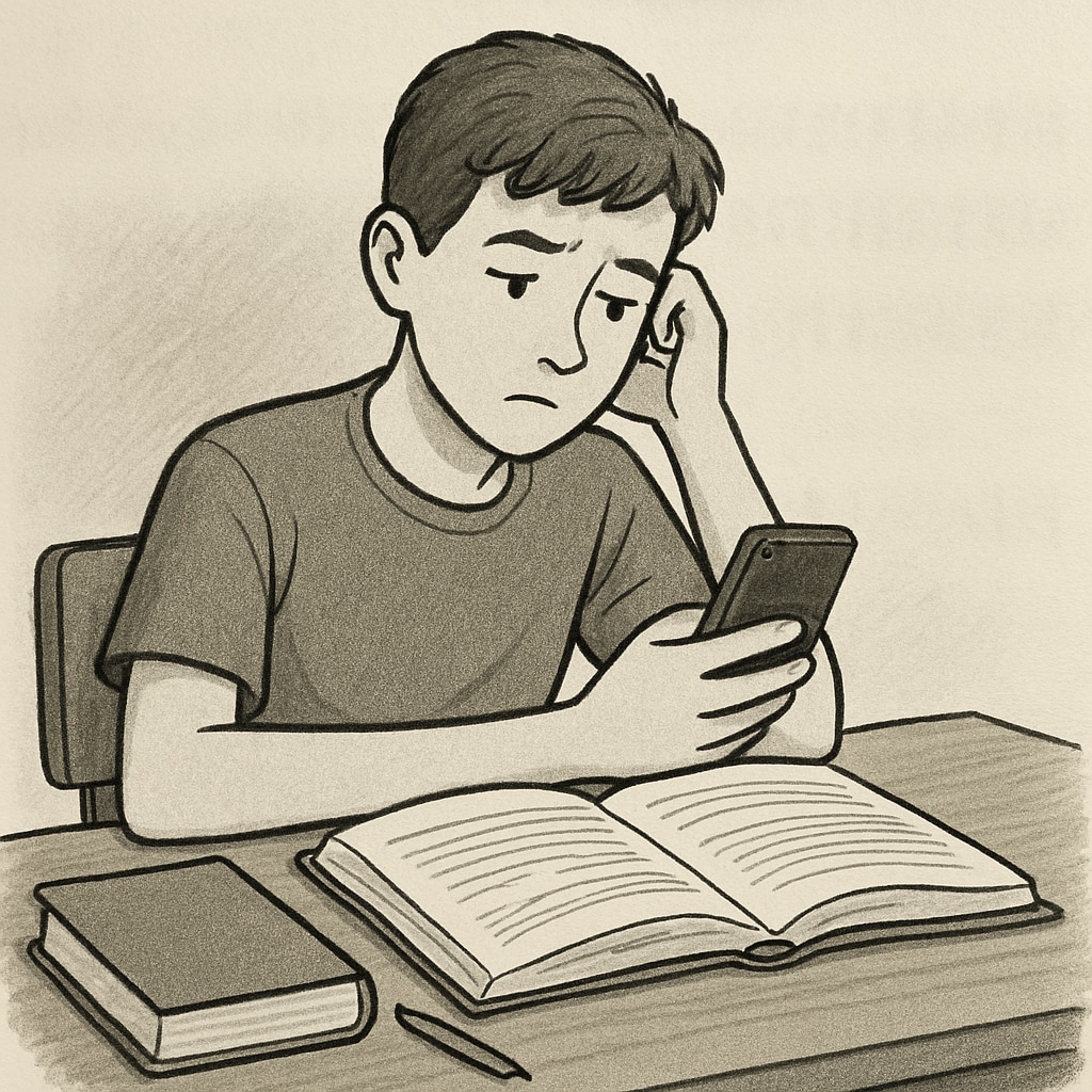 A teenager sitting at a desk with books and a phone, appearing distracted. A distracted teenager struggling with academic and lifestyle habits.