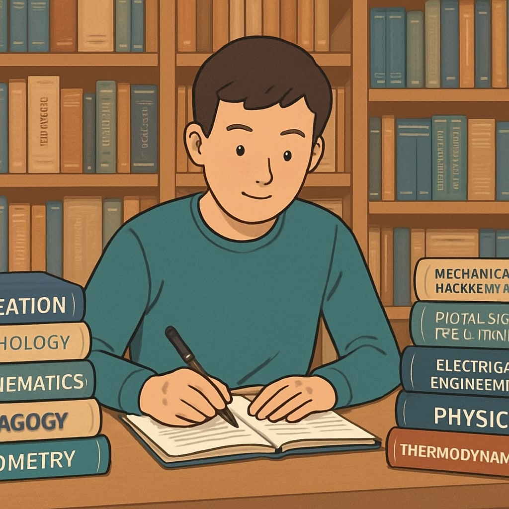 A student studying in a library, surrounded by textbooks from both education and engineering disciplines. A student surrounded by textbooks from education and engineering fields, studying in a library.