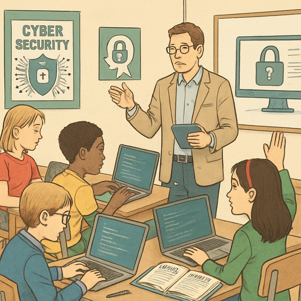 K12 students learning coding and cybersecurity skills in a classroom setting.