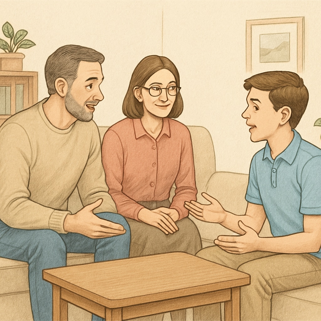 Parents and a teenager engaging in a constructive conversation at home. Parents discussing academic and lifestyle improvements with their teenager.