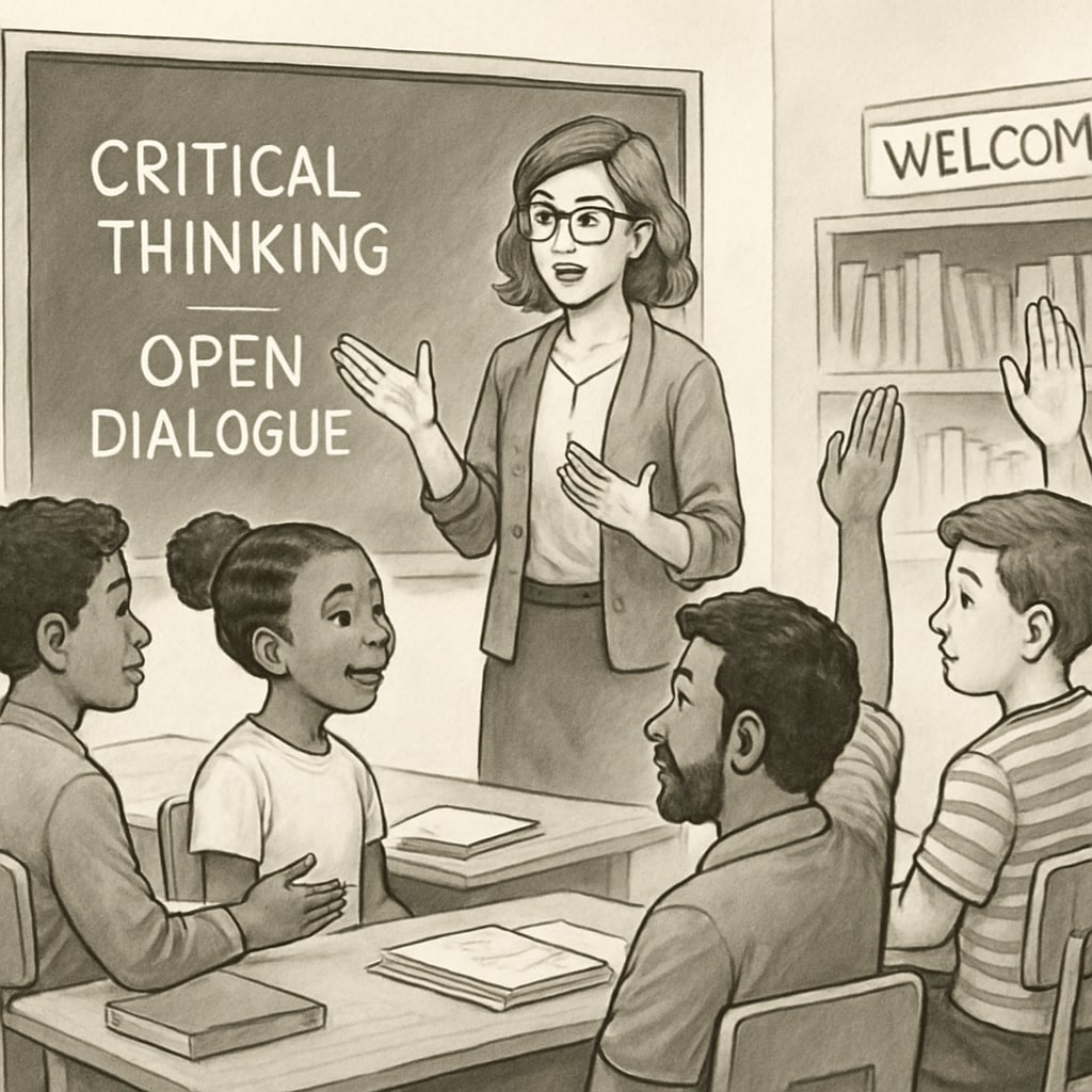 A classroom setting with diverse students and a teacher engaging in a discussion about critical thinking and open dialogue. The image underscores the importance of fostering inclusivity and debate in education. Teacher and students discussing critical thinking in a classroom