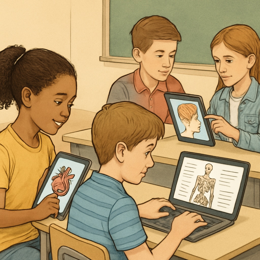 Students learning medical concepts through interactive online tools in a K12 classroom setting.