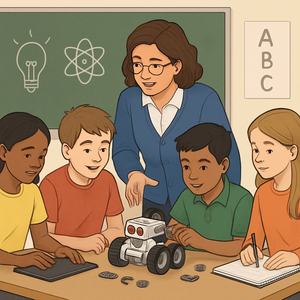 A classroom with students working collaboratively on a robotics project; the teacher provides guidance, emphasizing STEM learning. Students working on a robotics project in a classroom, guided by a STEM educator.