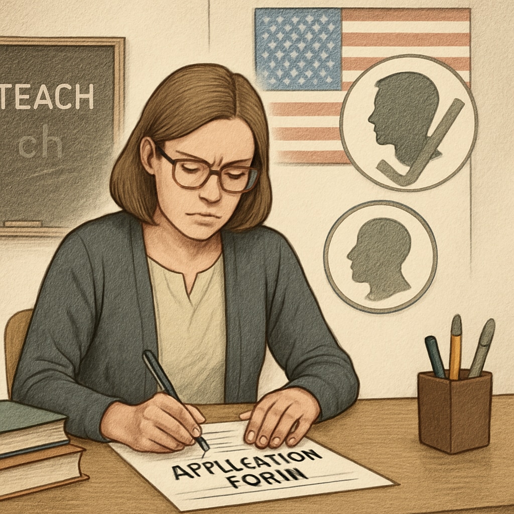 A teacher filling out an application form, symbolizing the impact of political screening policies. Teacher filling out an application form for Oklahoma’s policy on political bias screening.