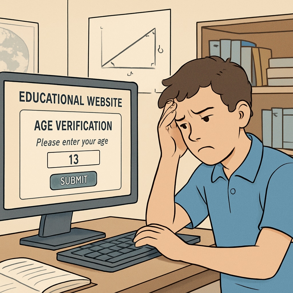 A student facing difficulty accessing an educational website due to internet age verification laws.