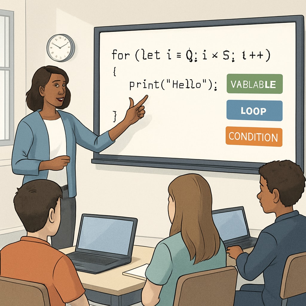 A teacher demonstrating coding concepts to high school students using a smartboard; the image highlights the integration of technology in education. Teacher explaining coding concepts to high school students with a smartboard.