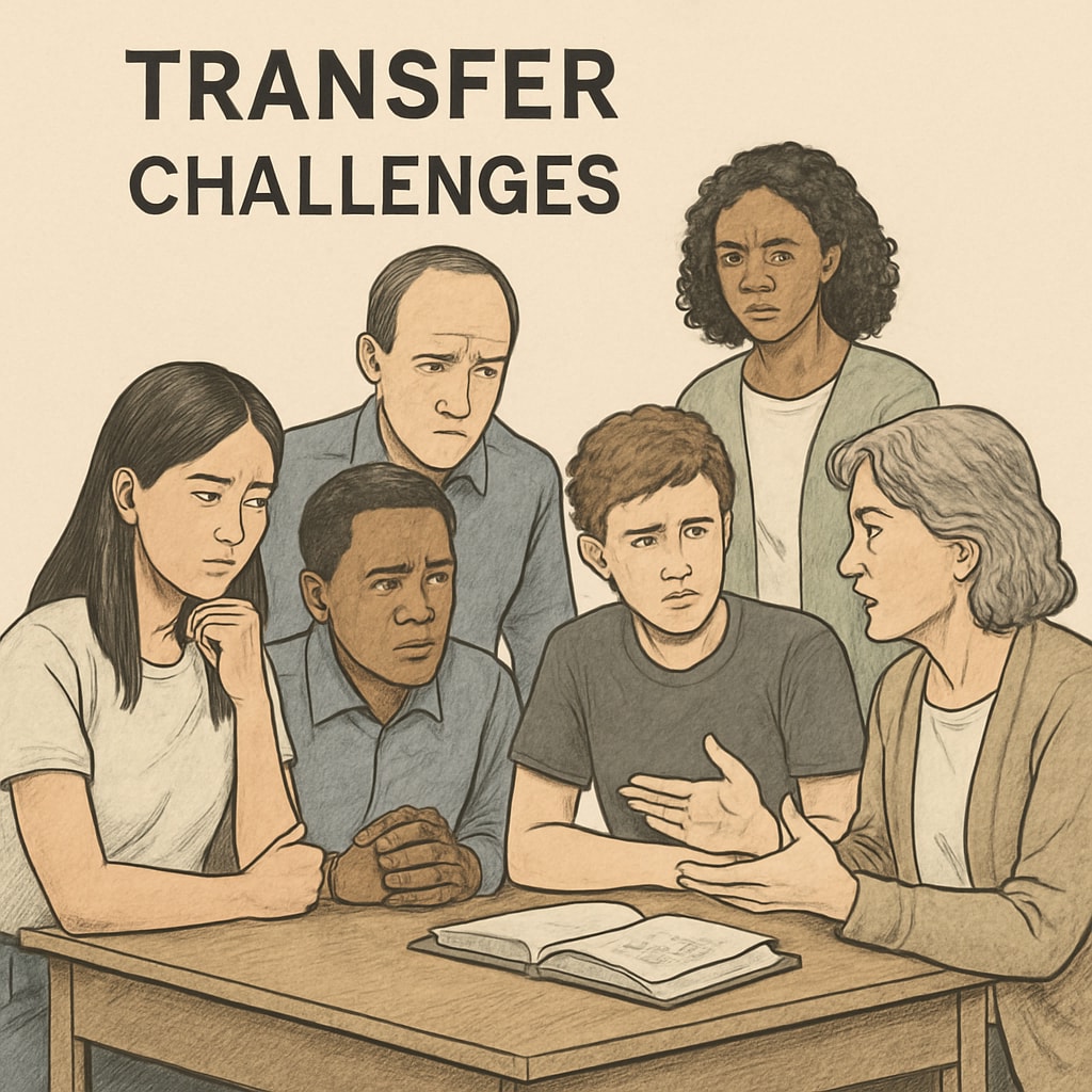 A group of frustrated parents and students at a school desk discussing transfer challenges. The scene highlights the emotional toll of navigating educational barriers. Parents and students discussing challenges in school district transfers.