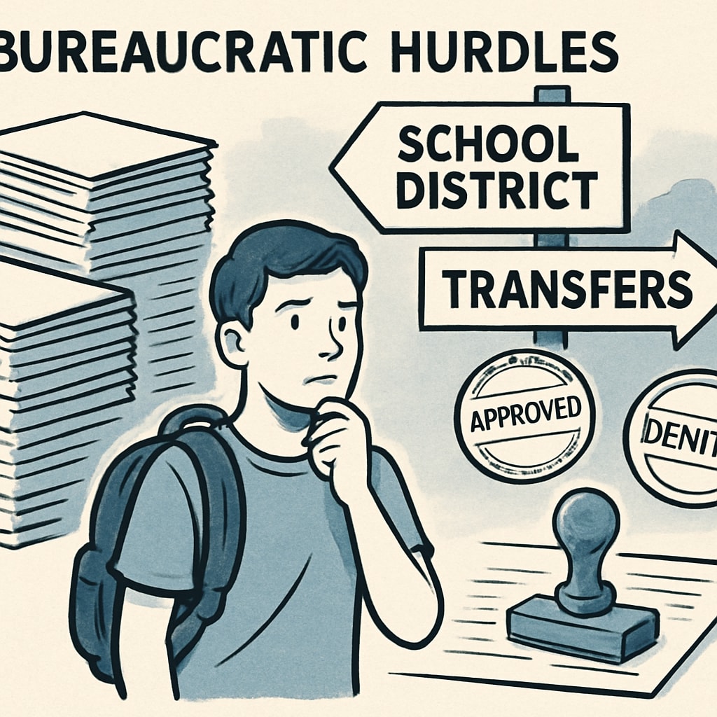 An illustration showing a student struggling to navigate bureaucratic hurdles in education, symbolizing the challenges faced during school district transfers. A student navigating bureaucratic obstacles in education.
