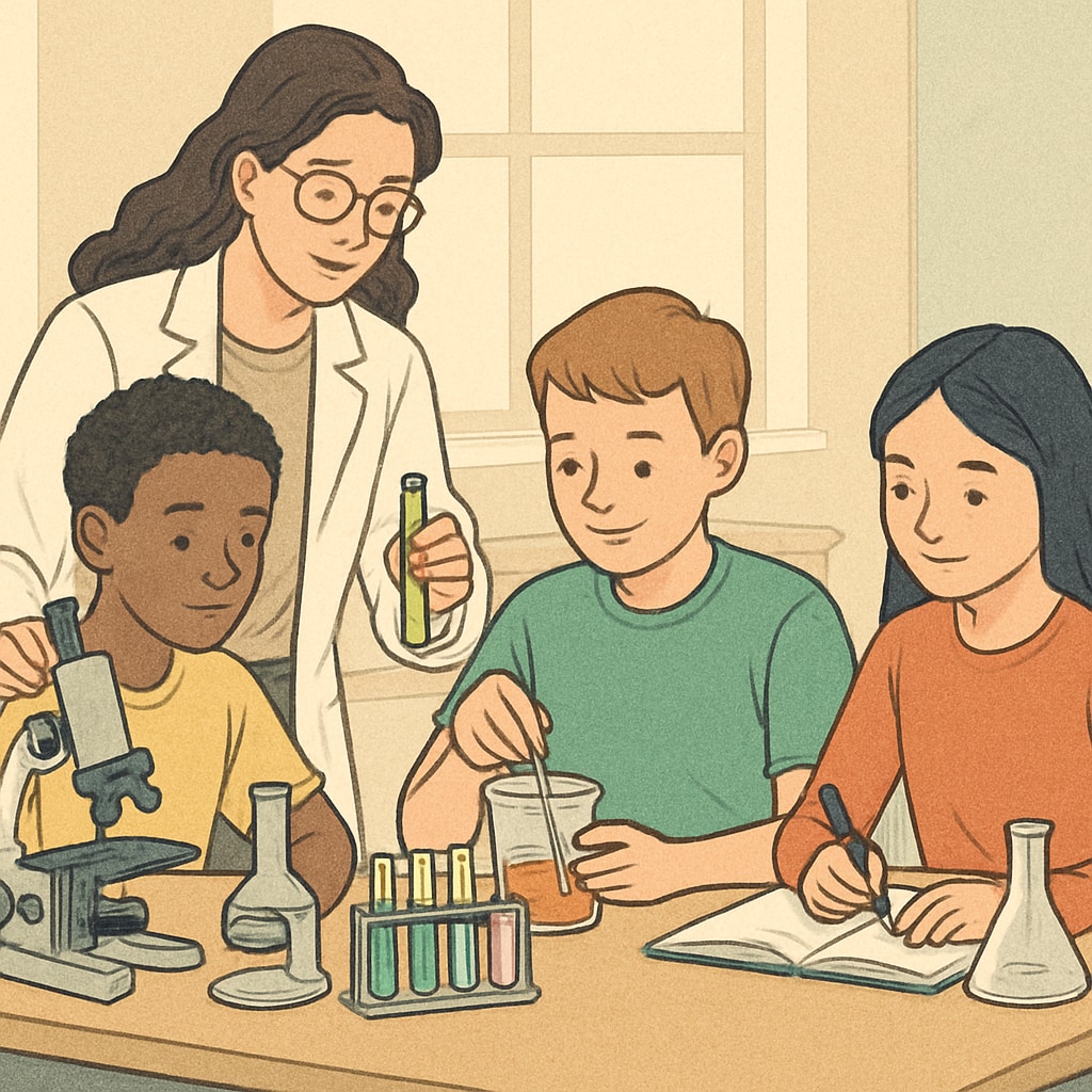 A biology graduate assisting students in a science experiment in a classroom, showcasing practical applications of STEM knowledge in education. Biology graduate helping students with science experiments in a class.
