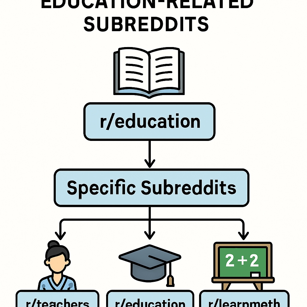 An infographic illustrating the hierarchy of education-related subreddits with examples like r/teachers, r/education, and r/learnmath. Infographic displaying education subreddits hierarchy.