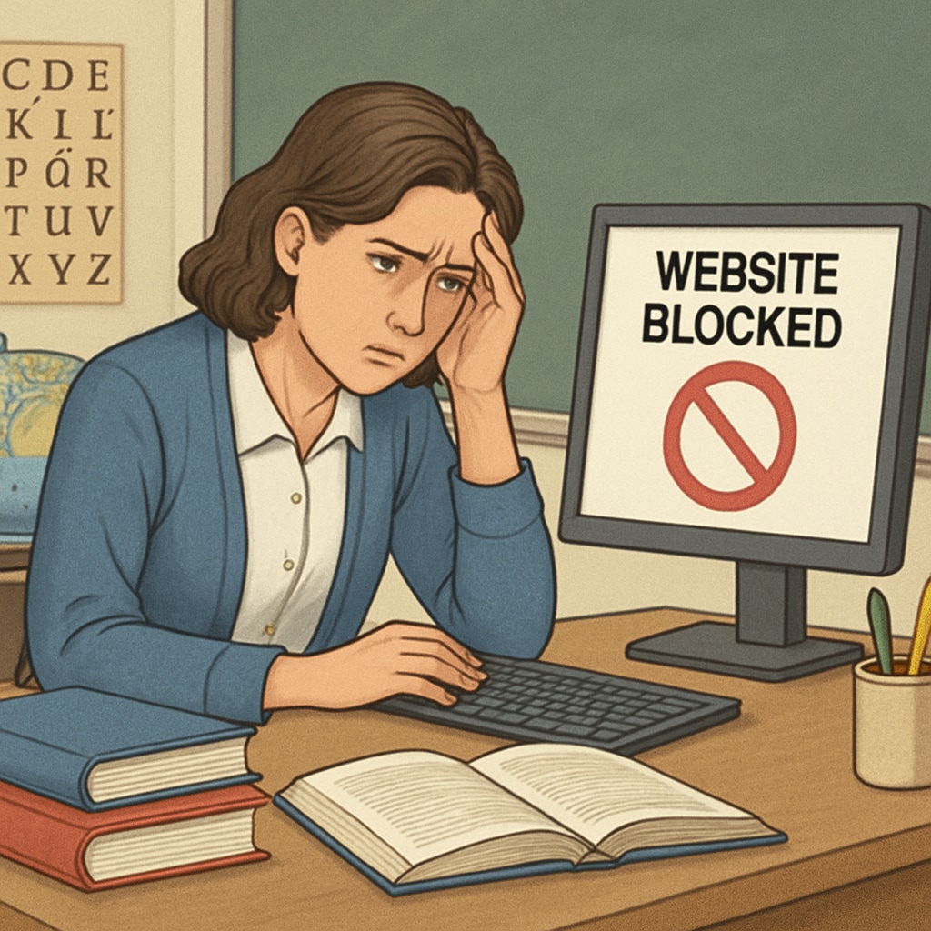 A teacher frustrated while trying to access blocked educational websites during a lesson. Educator facing challenges with website content restrictions in K-12 classrooms.