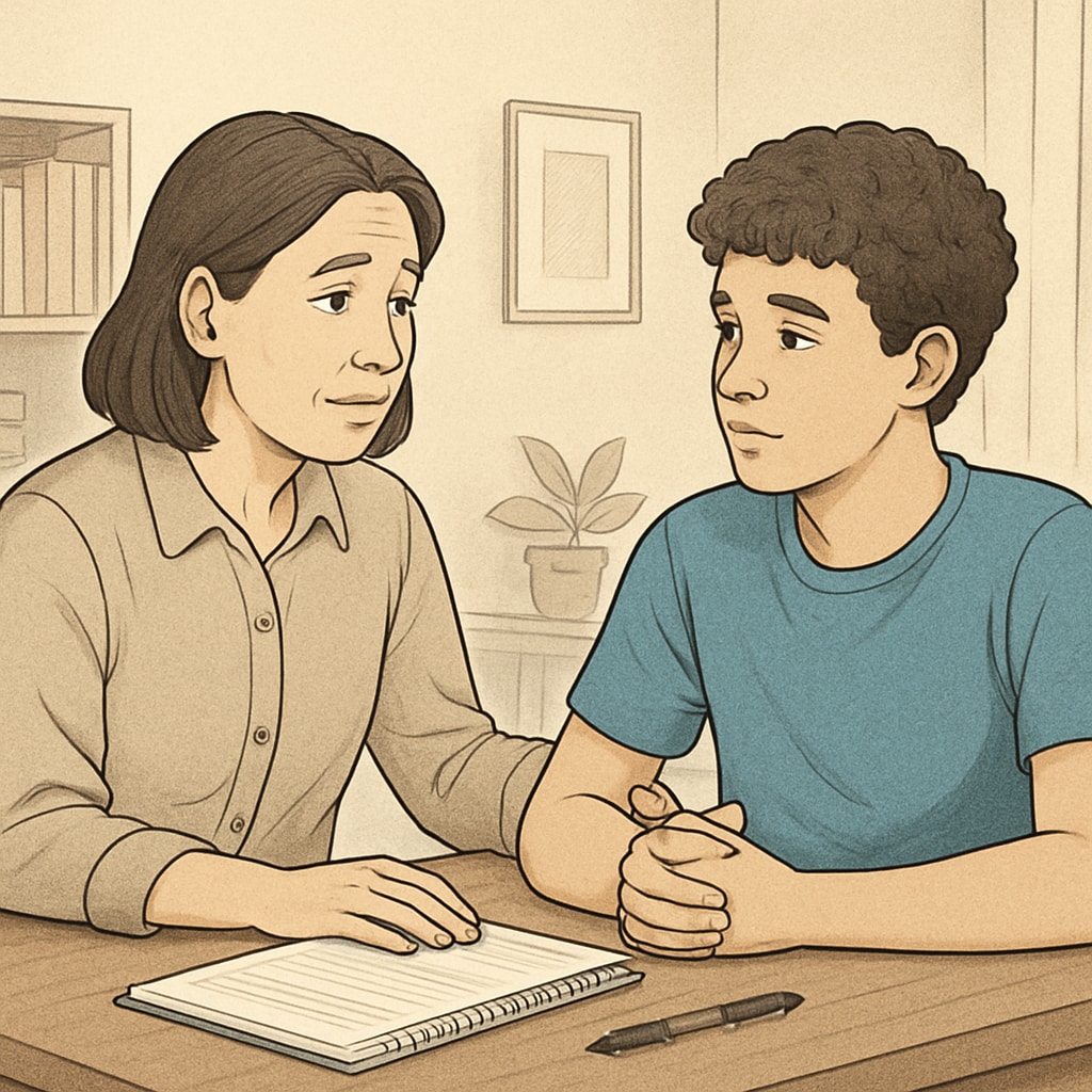 A concerned parent talking with their teen, emphasizing open communication about academic and personal challenges. Parent and teen discussing challenges related to academic difficulties, family education, and adolescent development.