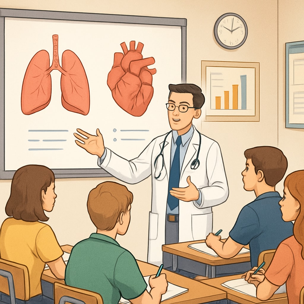 An image of a medical student delivering a presentation to a group of high school students in a classroom setting. Medical student presenting a mental health seminar to high school students.