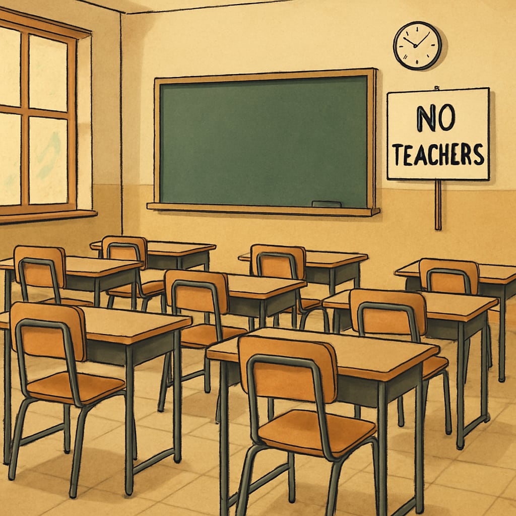 A classroom with empty chairs and desks, symbolizing the absence of teachers due to coordinated protests. Empty classroom during Teacherless Tuesday, highlighting the impact of teacher protests.