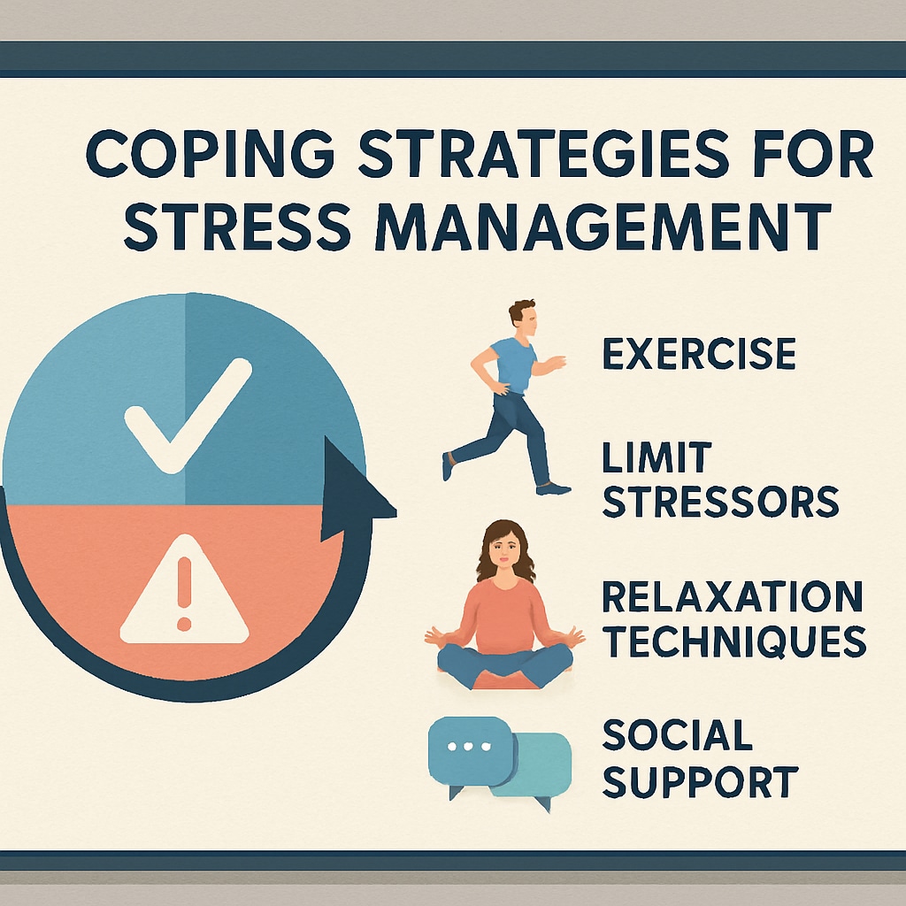 A slide from a mental health presentation showing coping strategies for stress management. Presentation slide on stress management strategies during a mental health seminar.