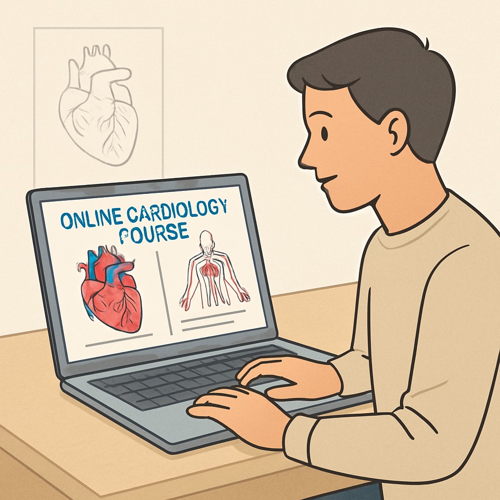 A learner engaging with an online cardiology course on a laptop, emphasizing accessibility for non-medical professionals. A person studying cardiology through an online course, tailored for non-medical backgrounds.