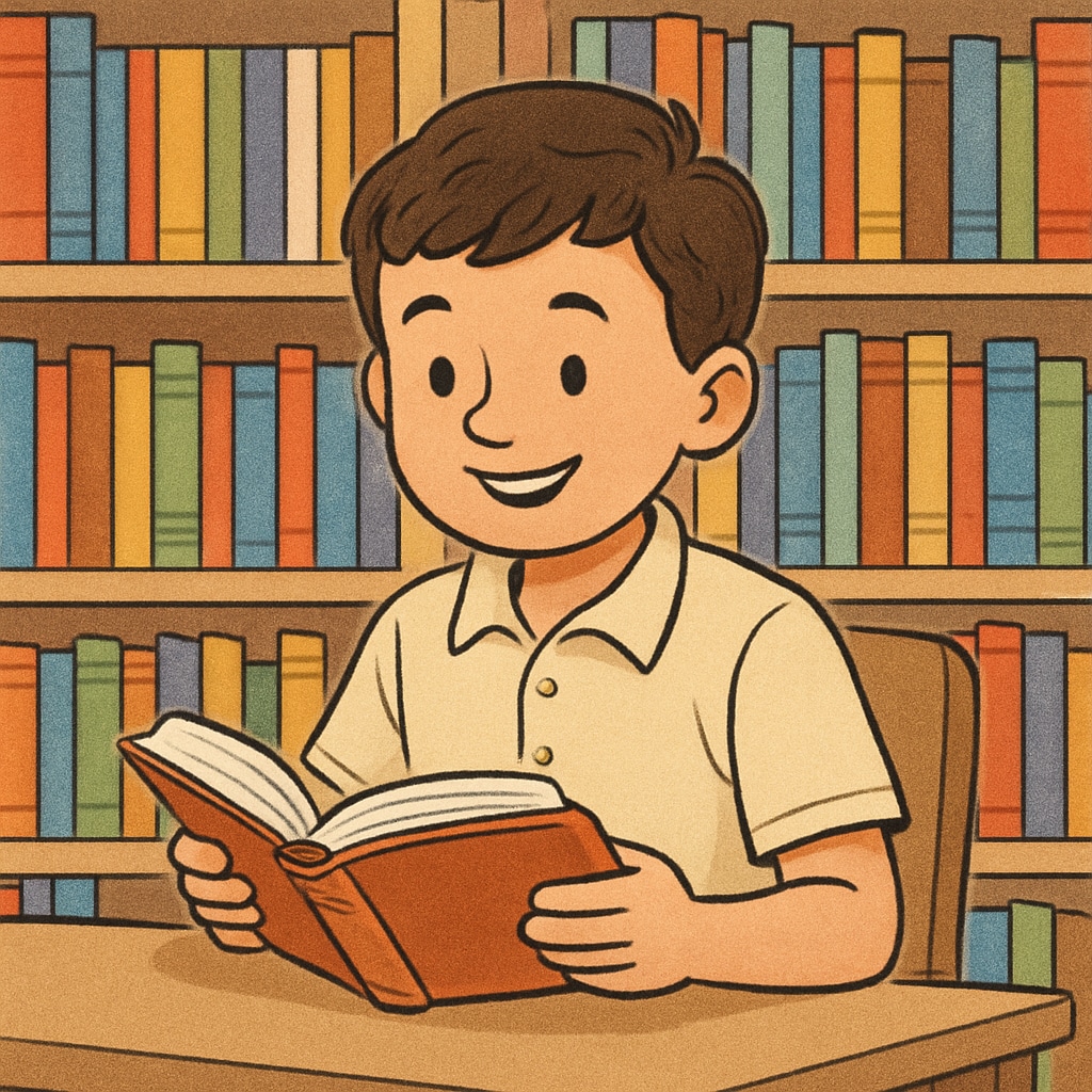 A young student reading a book with a smile, surrounded by colorful books in a library setting. Elementary student smiling while reading a book in a library.