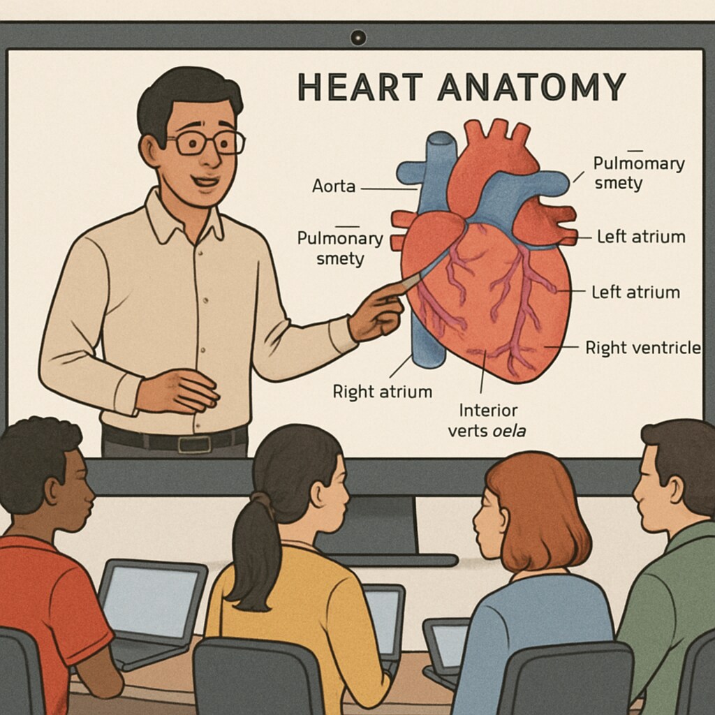 A virtual classroom session where an instructor explains heart anatomy to a diverse group of online learners. Online learners in a virtual cardiology session, designed for non-medical professionals.