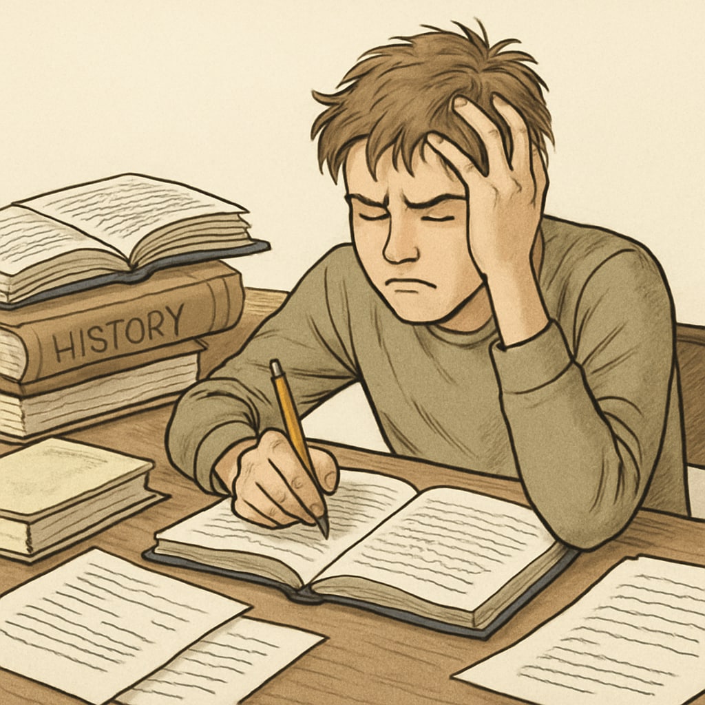 A teen sitting at a desk, looking frustrated while doing homework, representing academic struggles. A frustrated teen sitting at a desk, symbolizing academic struggles and lack of motivation.