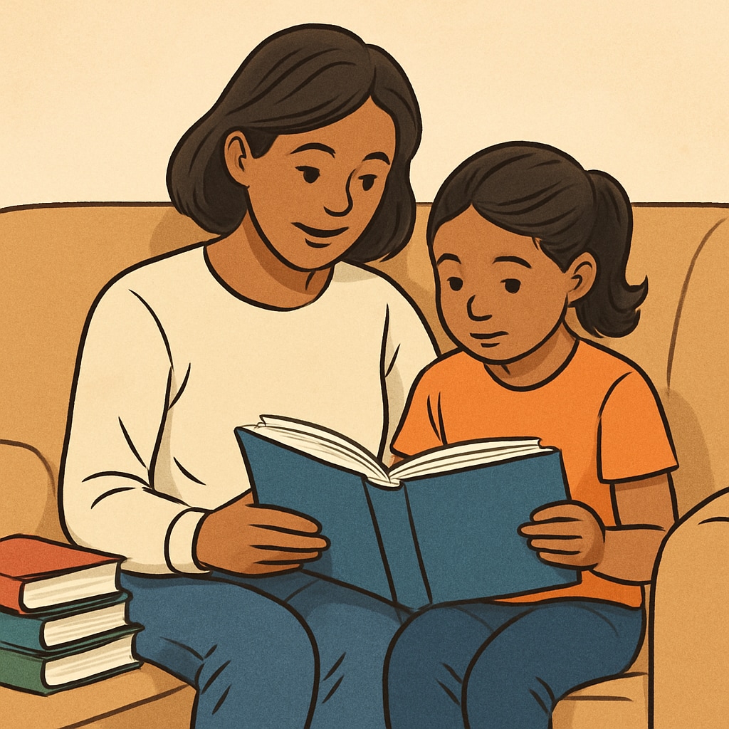 A parent and child reading together on a cozy couch, with a stack of books nearby. Parent and child enjoying a book together on the couch.