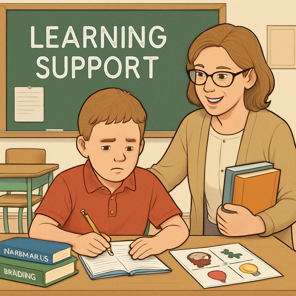 A student with learning disabilities studying in a classroom with support resources Student with learning disabilities studying with tailored educational tools