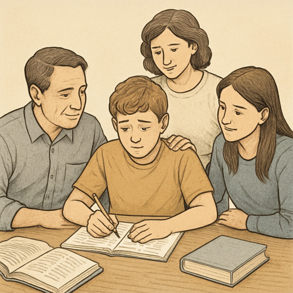 A family providing emotional and academic support to a student with learning disabilities Family supporting a student with learning disabilities in their studies