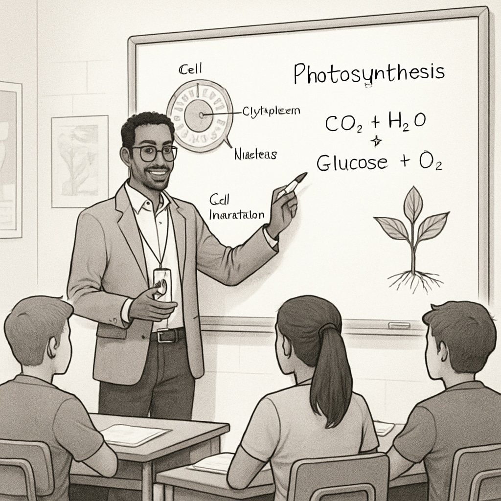 A biology graduate teaching high school science in a classroom setting. The teacher is explaining a scientific concept using a whiteboard. Biology graduate teaching high school science, education master's transition example