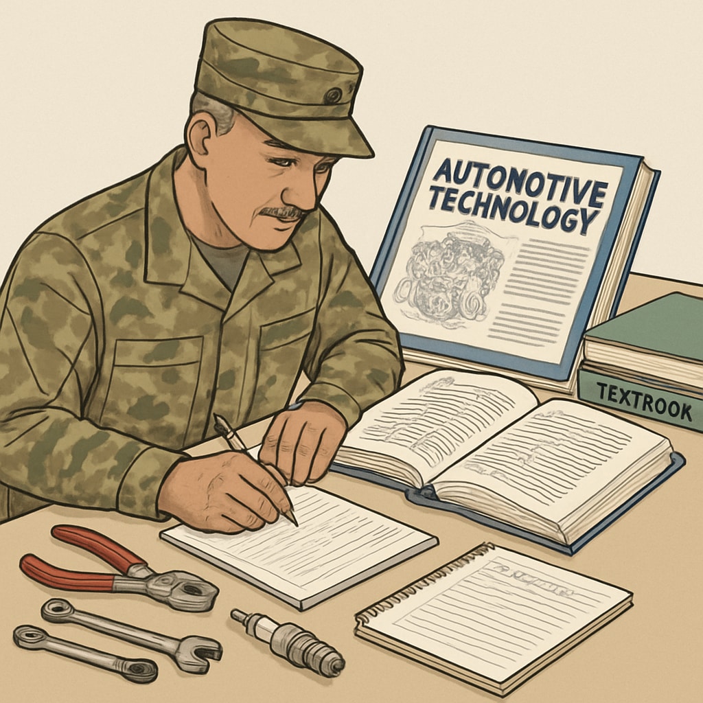 A military veteran studying at a desk with automotive tools and textbooks nearby. Military veteran studying automotive technology textbooks and tools.
