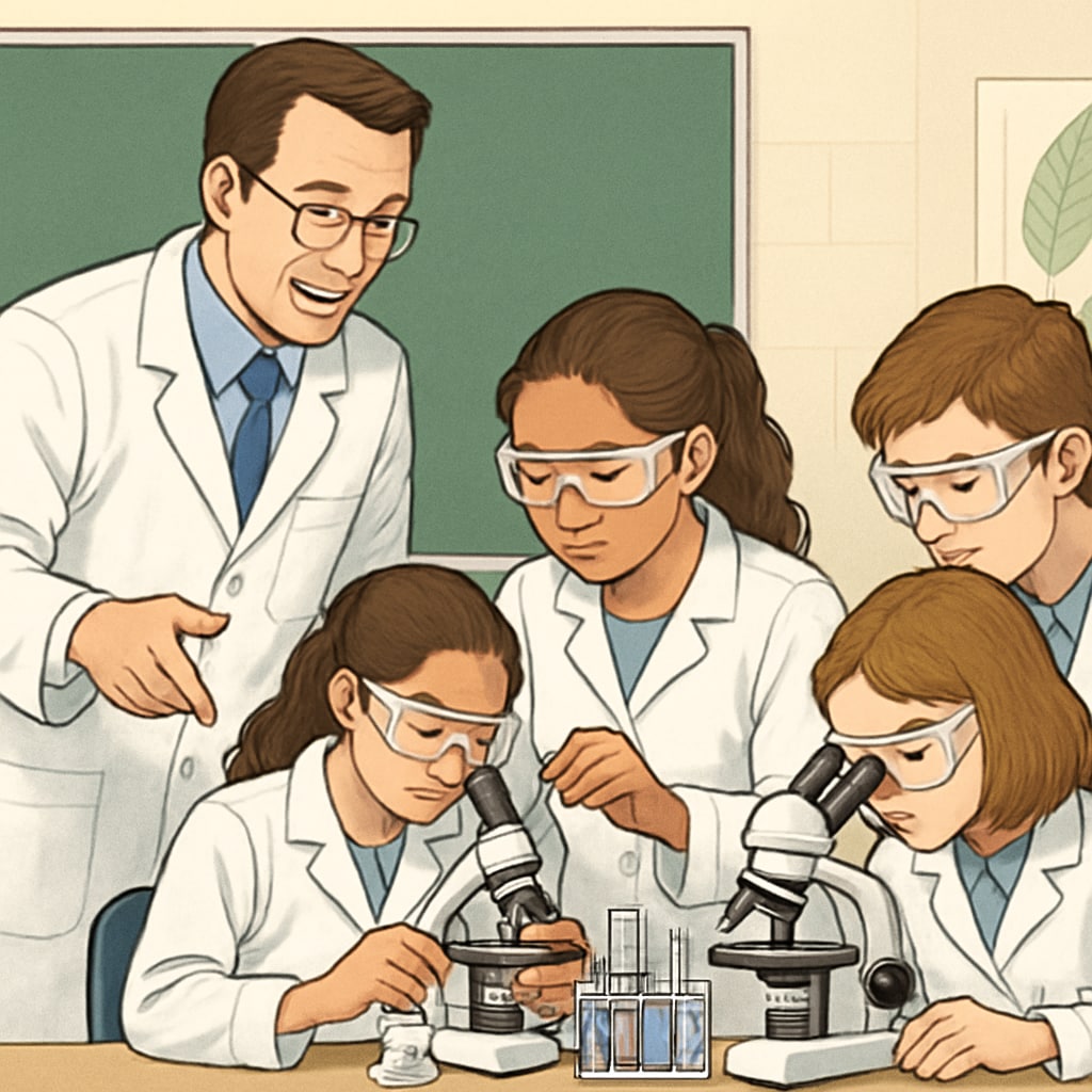 A biology teacher guiding students in a lab experiment, showcasing hands-on learning methods in education. Biology teacher leading a lab experiment, education career transition