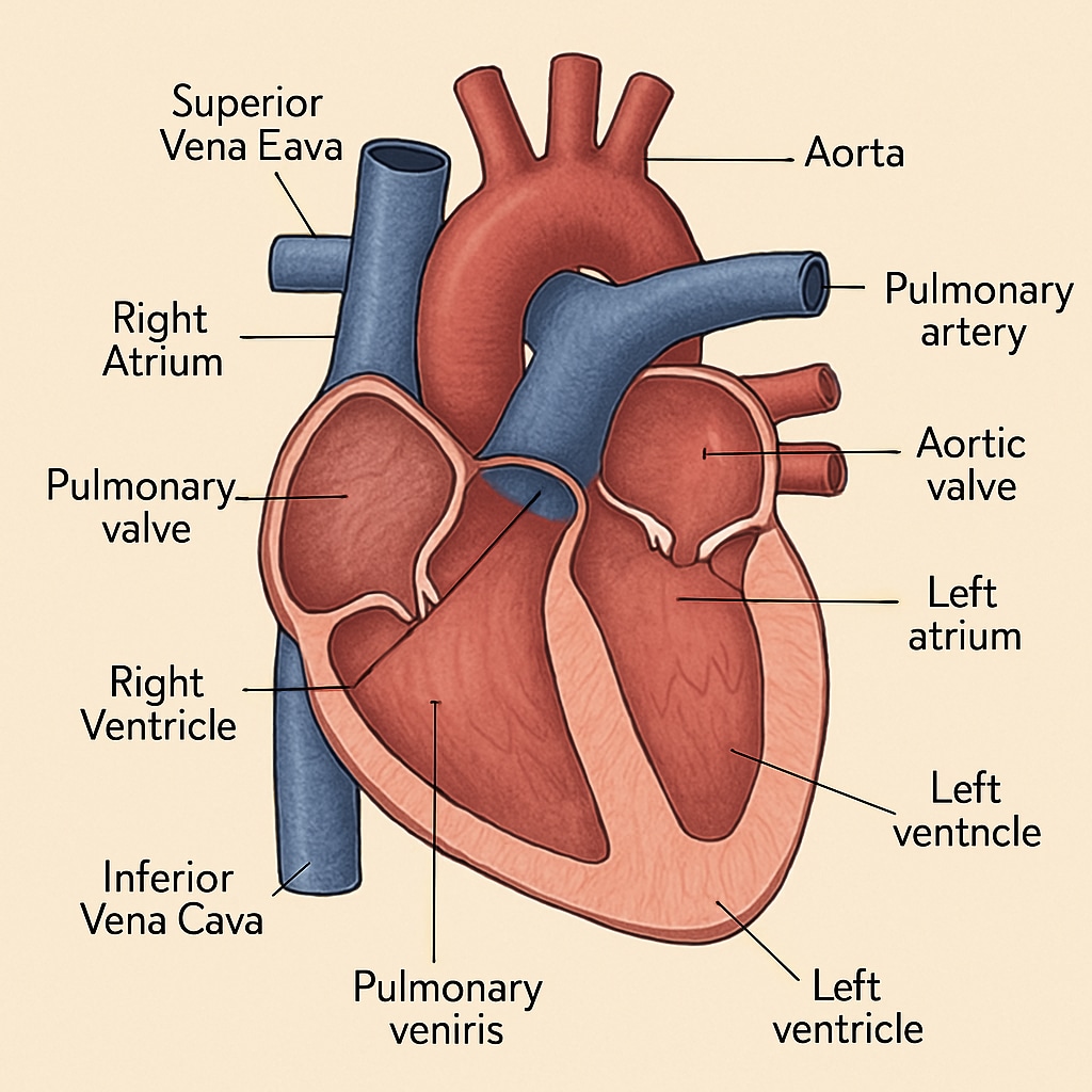 A diagram illustrating the human heart, designed for educational purposes to help non-medical students understand cardiology basics. Diagram of the human heart for K12 students learning cardiology.