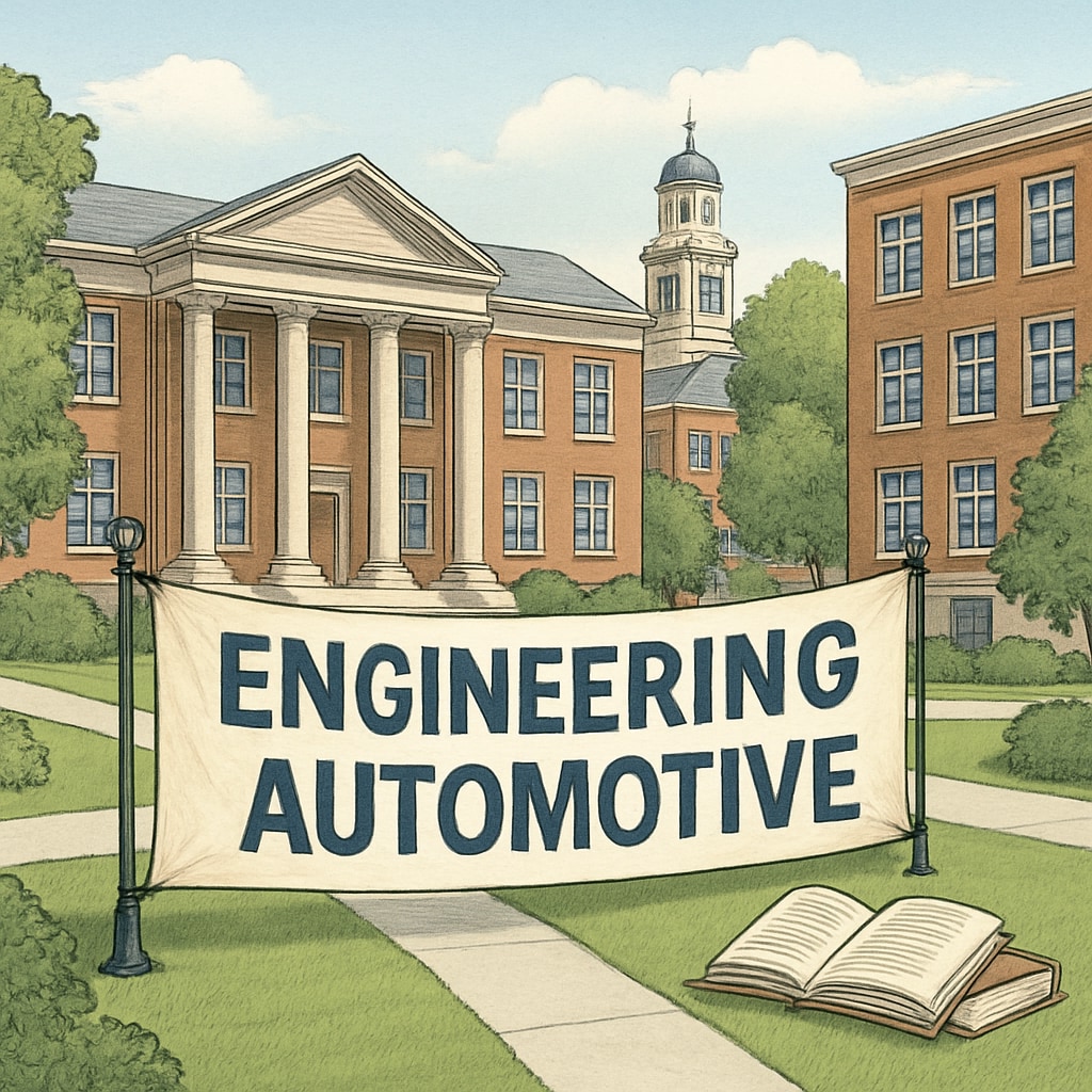A university campus with a banner highlighting engineering and automotive programs. University campus promoting automotive engineering programs.