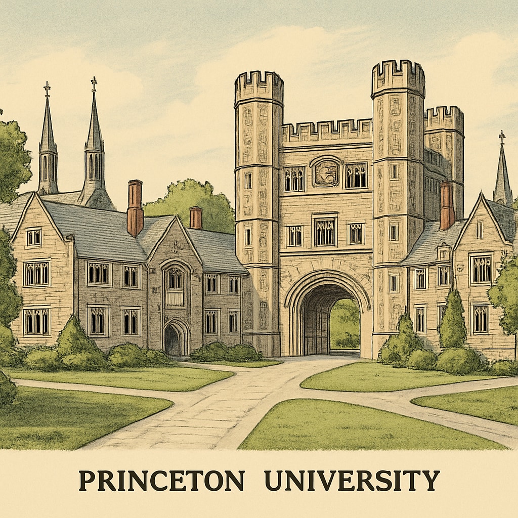 A photo of Princeton University campus, showcasing its iconic architecture and elite atmosphere. Princeton University campus highlighting its iconic architecture and elite atmosphere